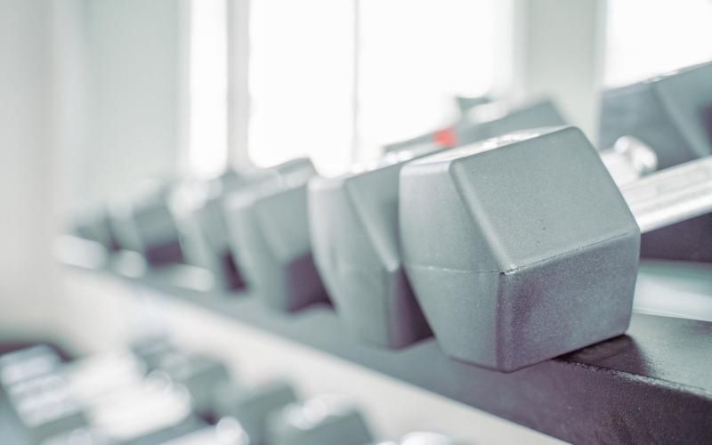 dumbbells on a rack