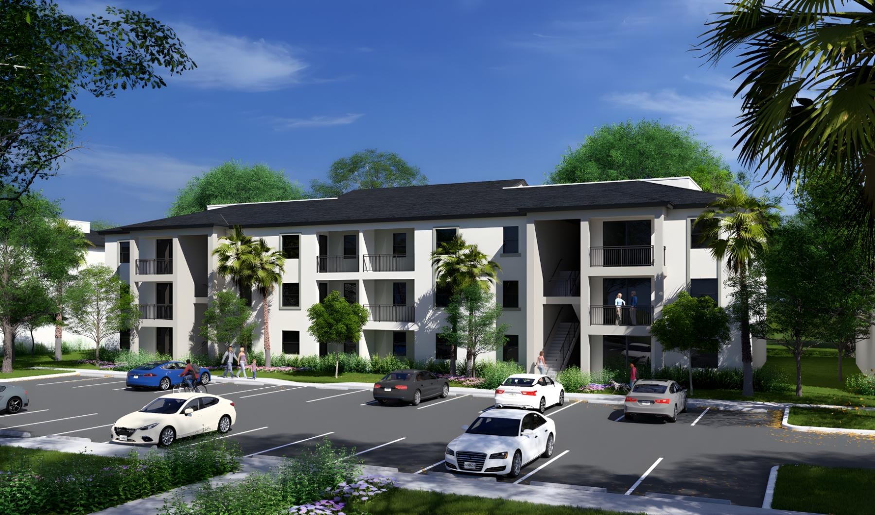 a building with cars parked in front